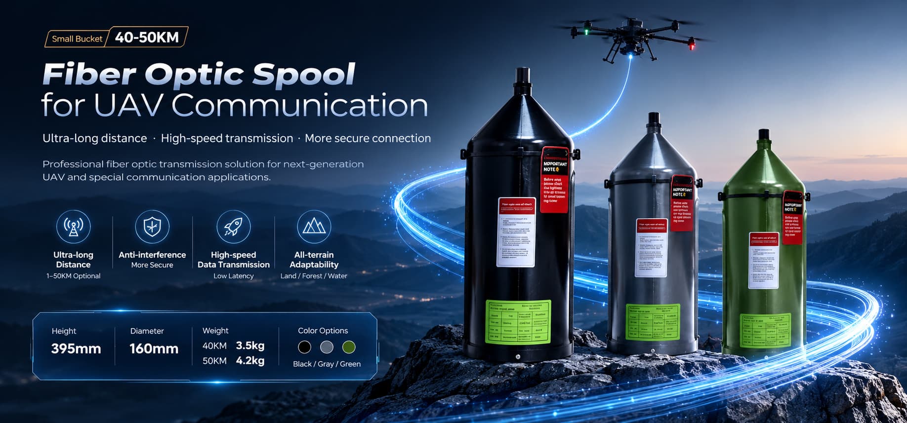 Fiber optic spool range in black, gray and green